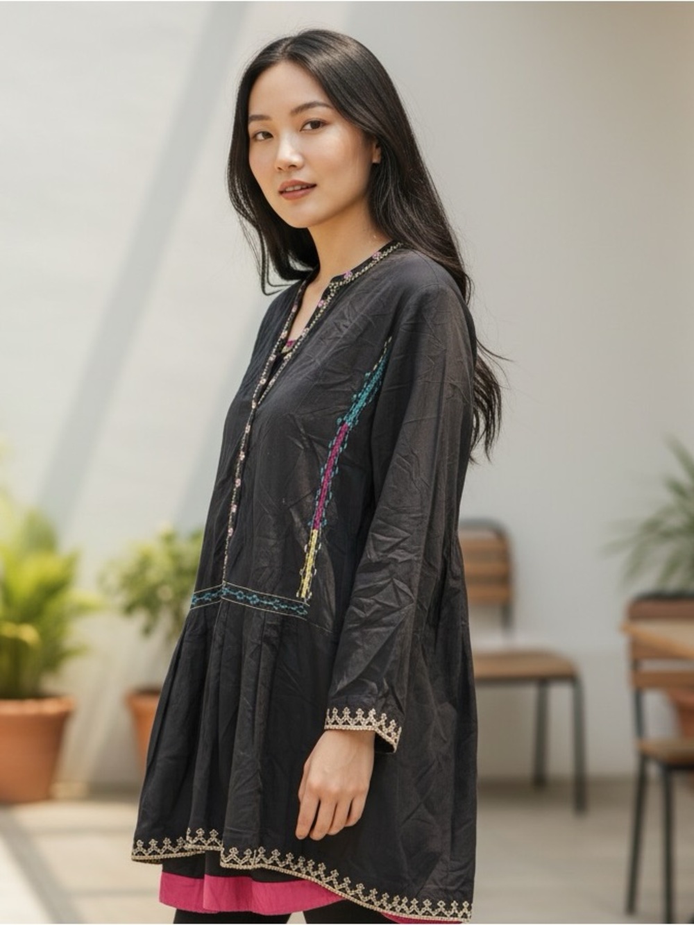 Anthropologie Burning Torch Embroidered Black Tunic Top